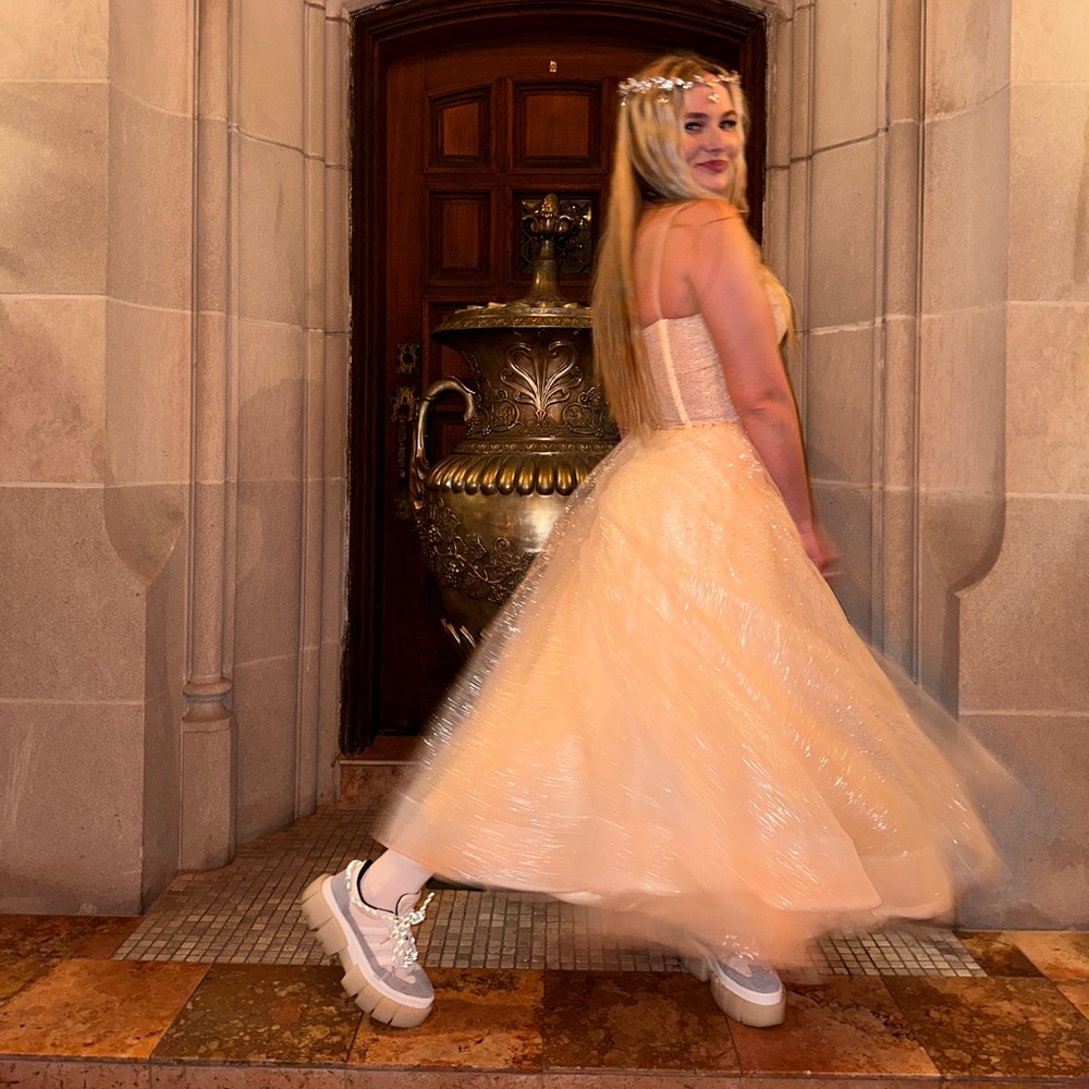 Golden Prom Dress Glittery Champagne wedding dress Tea lenth wedding dress